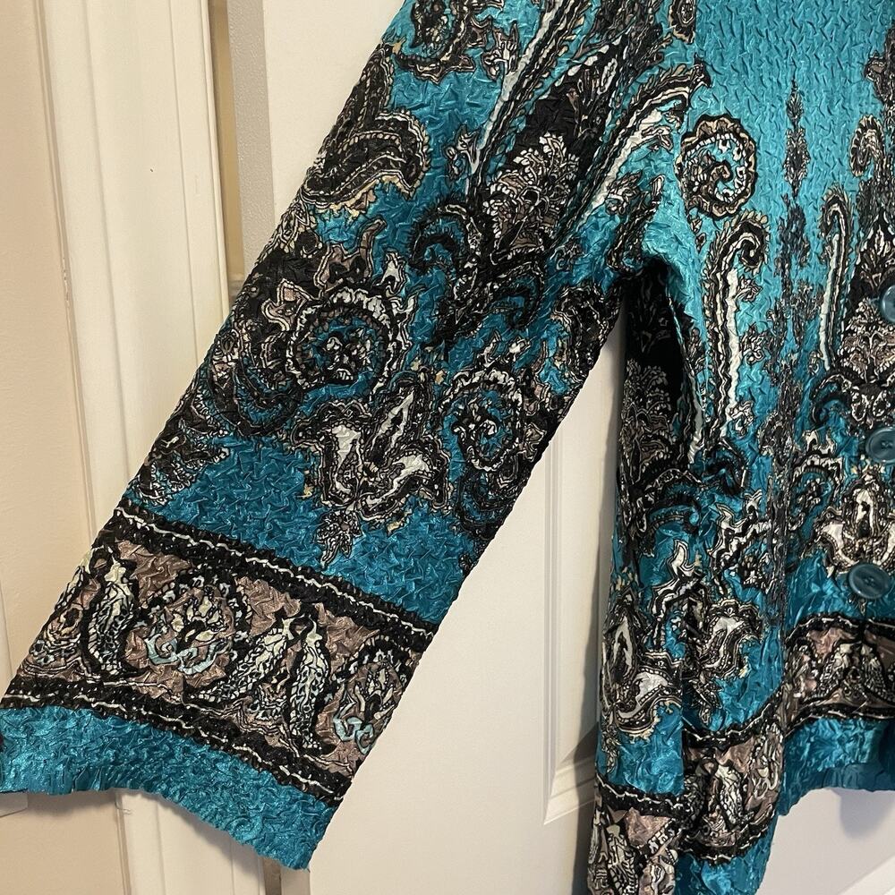 Joni B Turquoise Crinkle Button Down Blouse Dressy Silky Printed Women’s Size L - Picture 5 of 8